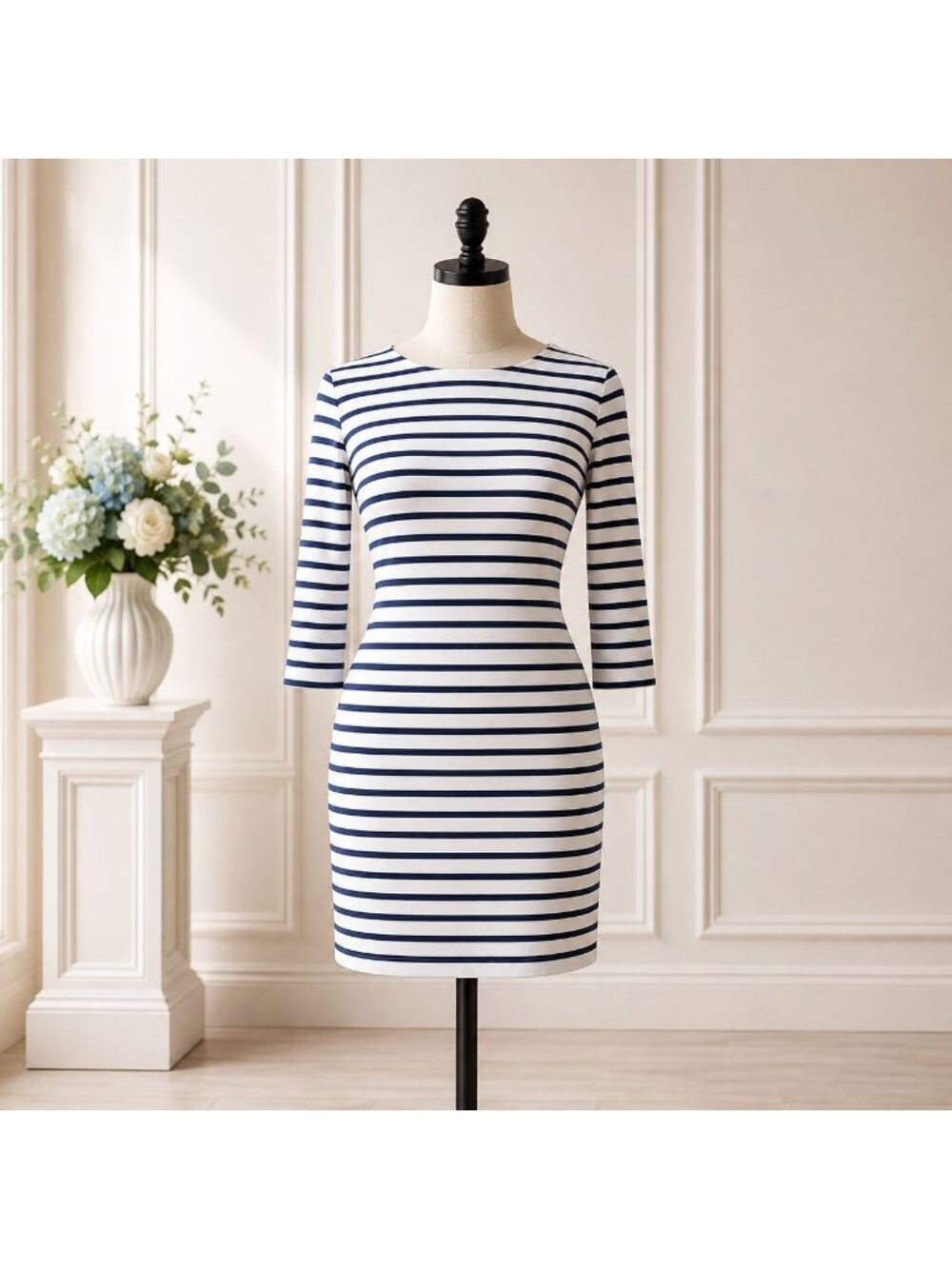 Nautical Striped Dress Blue White 3/4 Sleeve Stretch Small